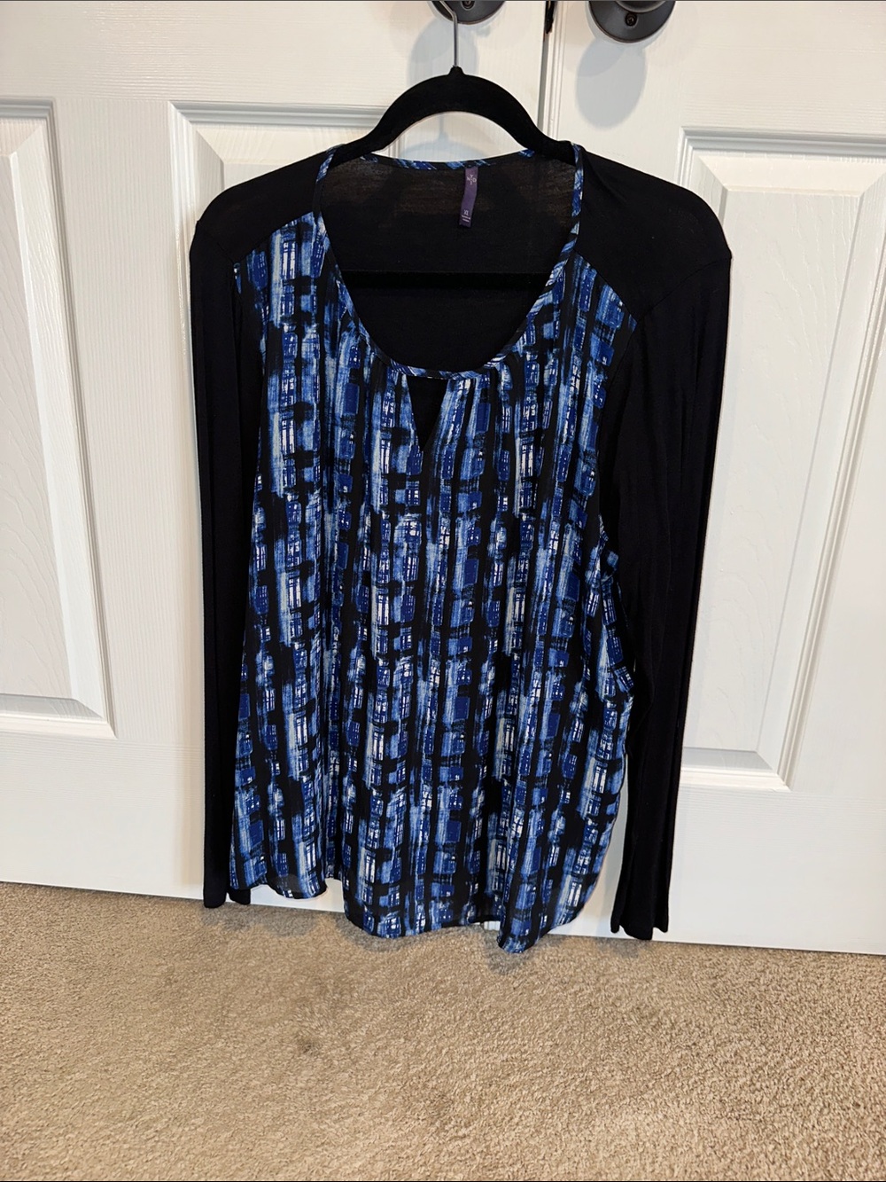 NYDJ Black Long Sleeve Top with Blue Patterned Front